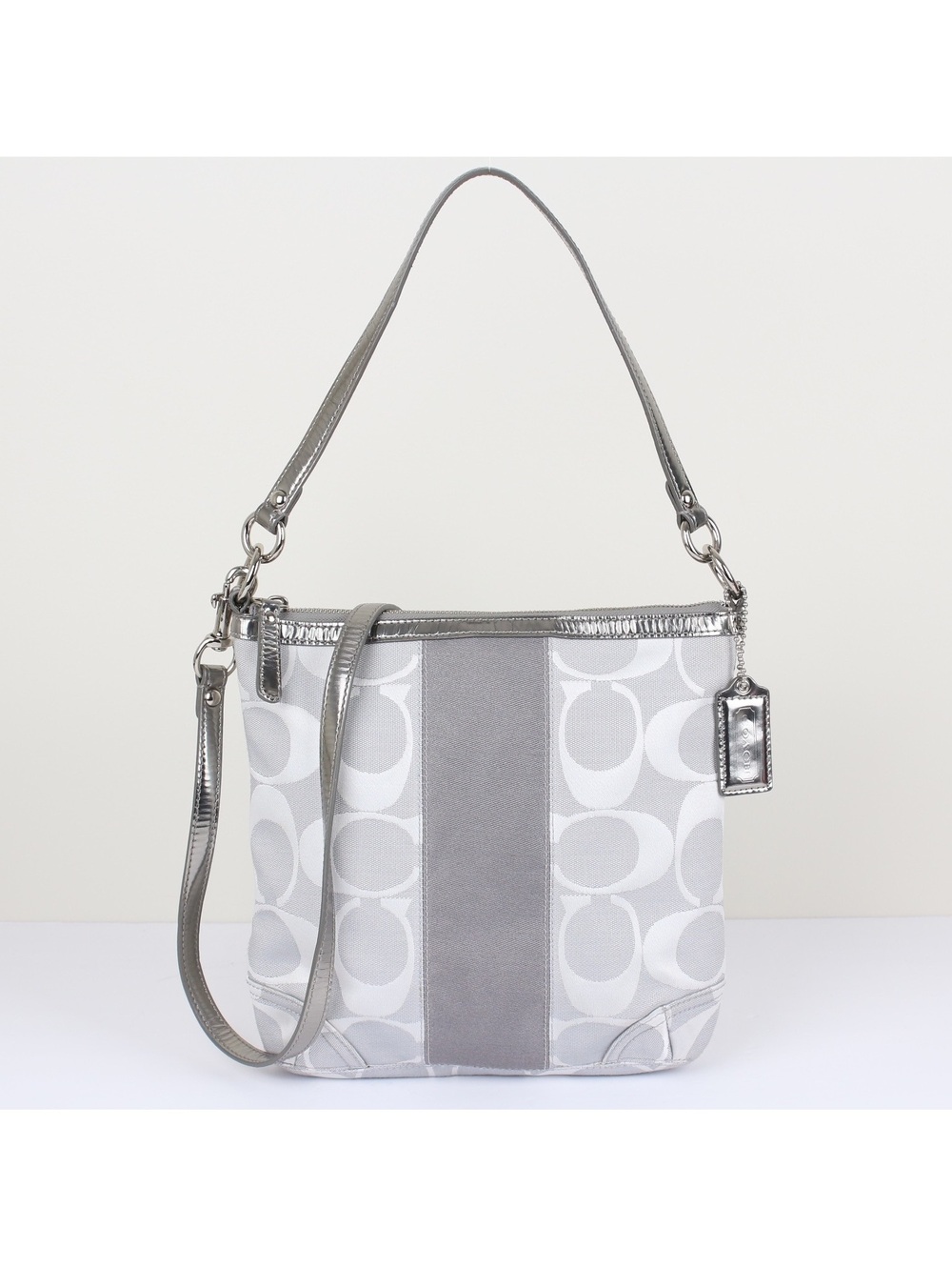 Coach Parker Shoulder Bag F13278 Metallic Gray White Canvas Stripe Hobo Tote Y2K